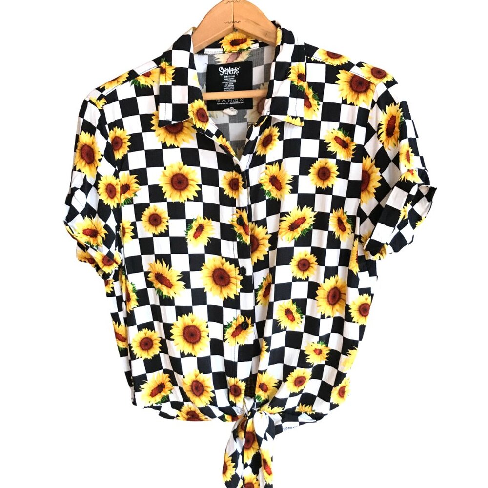 Spencer's Button-Down Front Tie Cropped Top, Sunflowers Black White Checked Sz L
